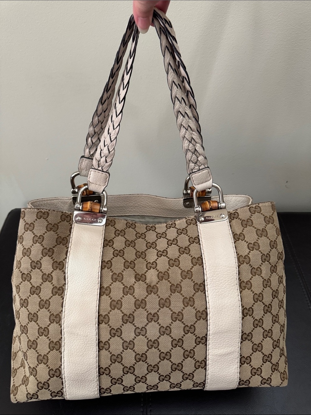 Gucci Beige GG Supreme Canvas Tote with Silver Braided Handles